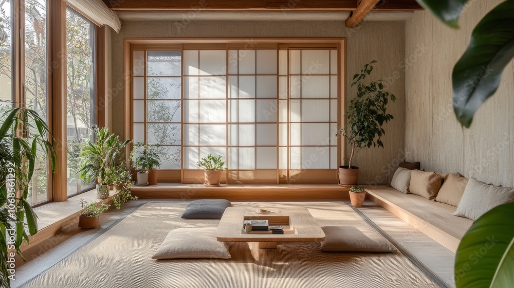 Serene Japandi-inspired living room with tatami mats, sliding wooden panels, and potted plants for a natural, balanced vibe - Serene Japandi-inspired living room with tatami mats, sliding wooden panels, and potted plants for a natural, balanced vibe -