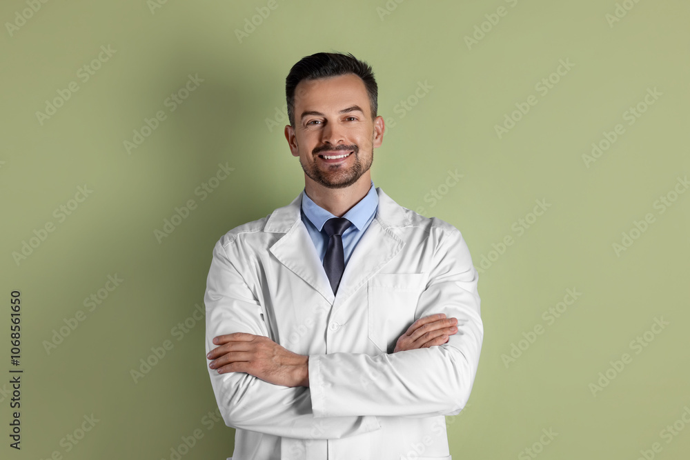 Portrait of smiling doctor on olive background Portrait of smiling doctor on olive background