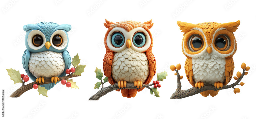 Fototapeta premium Colorful Cartoon Owls on Branches