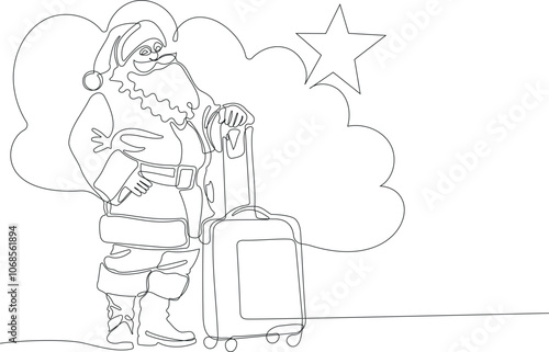 Outlined Cute Santa Claus Cartoon Character With A Sack Full Of Gifts. Vector Hand Drawn Illustration. One continuous line drawing Santa Claus on reindeer and sled. concept for Christmas and New Year