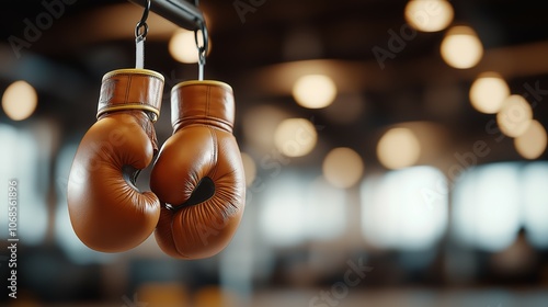 Pair of Brown Boxing Gloves Hanging in Boxing Gym with Soft Lighting photo