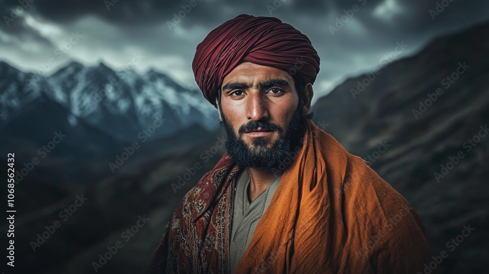 Mystical Portrait of Afghan Man in Traditional Attire Against Dramatic Mountain Backdrop Mystical Portrait of Afghan Man in Traditional Attire Against Dramatic Mountain Backdrop