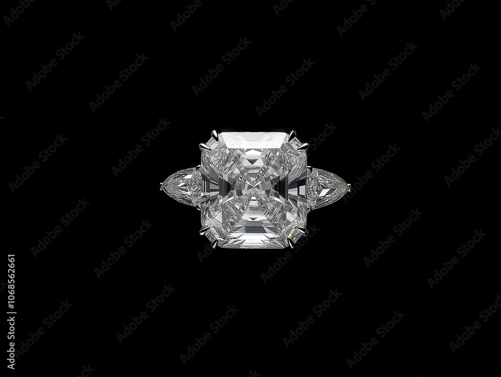A diamond ring with three diamonds on it. The ring is white and has a black background. The ring is the center of attention and is surrounded by the three diamonds A diamond ring with three diamonds on it. The ring is white and has a black background. The ring is the center of attention and is surrounded by the three diamonds