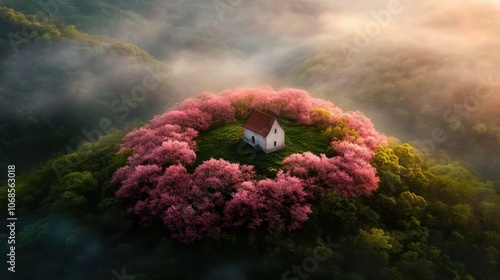 A quaint cottage stands at the center of a hill, surrounded by a breathtaking ring of vivid pink trees, enveloped in mist and illuminated by soft sunlight. photo