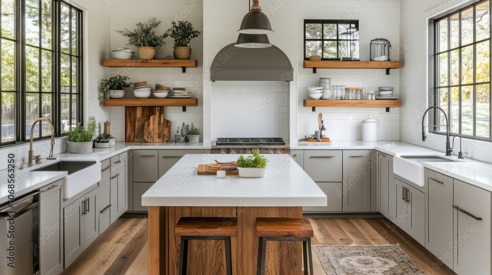 Modern Kitchen with Grey Cabinets, White Countertops, and Wooden Accents Modern Kitchen with Grey Cabinets, White Countertops, and Wooden Accents
