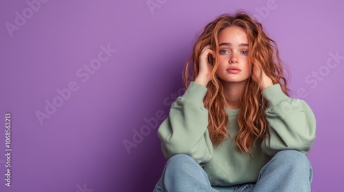 A teenage girl with curly hair sits pensively against a purple backdrop, her expression reflecting contemplation and introspective thought in a serene setting.