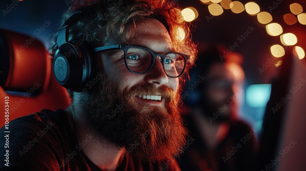A bearded individual wearing glasses and headphones is engrossed in gaming at night, illuminated by warm string lights creating a cozy and focused atmosphere. A bearded individual wearing glasses and headphones is engrossed in gaming at night, illuminated by warm string lights creating a cozy and focused atmosphere.