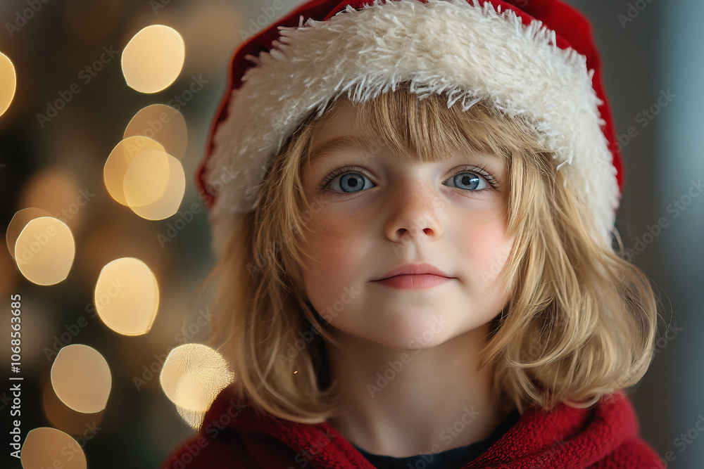 Generative AI image of a smiling girl in a red hat and sweater, celebrating the New Year at school with classmates in festive attire Generative AI image of a smiling girl in a red hat and sweater, celebrating the New Year at school with classmates in festive attire