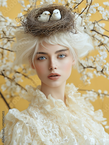 Fashion photography: a beautiful woman with white hair and blue eyes wearing a high-fashion outfit, with a bird's nest on her head containing little baby birds, against a yellow ba photo