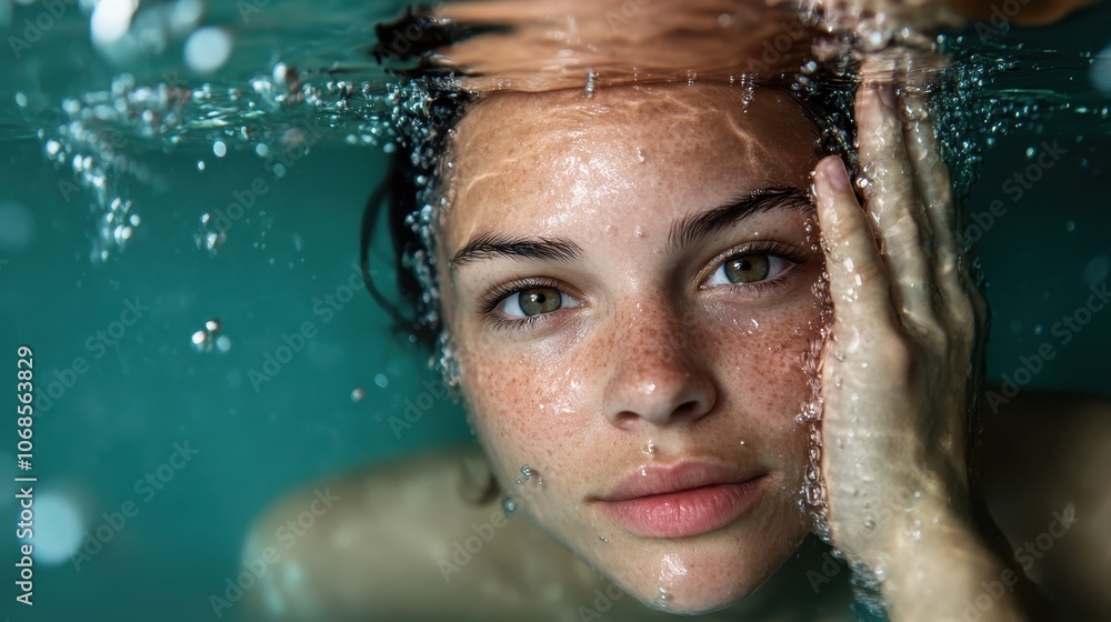 A close-up portrait of a woman submerged in water, showcasing her serene expression and visible freckles, capturing a tranquil and ethereal underwater moment. A close-up portrait of a woman submerged in water, showcasing her serene expression and visible freckles, capturing a tranquil and ethereal underwater moment.