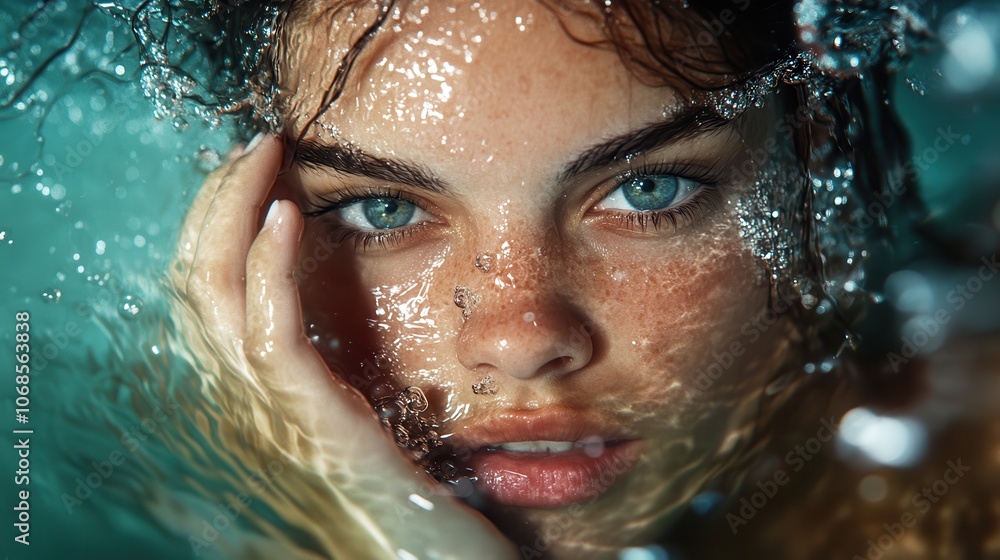 The focused close-up of a woman underwater highlights her intense blue eyes and natural beauty, capturing the captivating essence of underwater photography. The focused close-up of a woman underwater highlights her intense blue eyes and natural beauty, capturing the captivating essence of underwater photography.