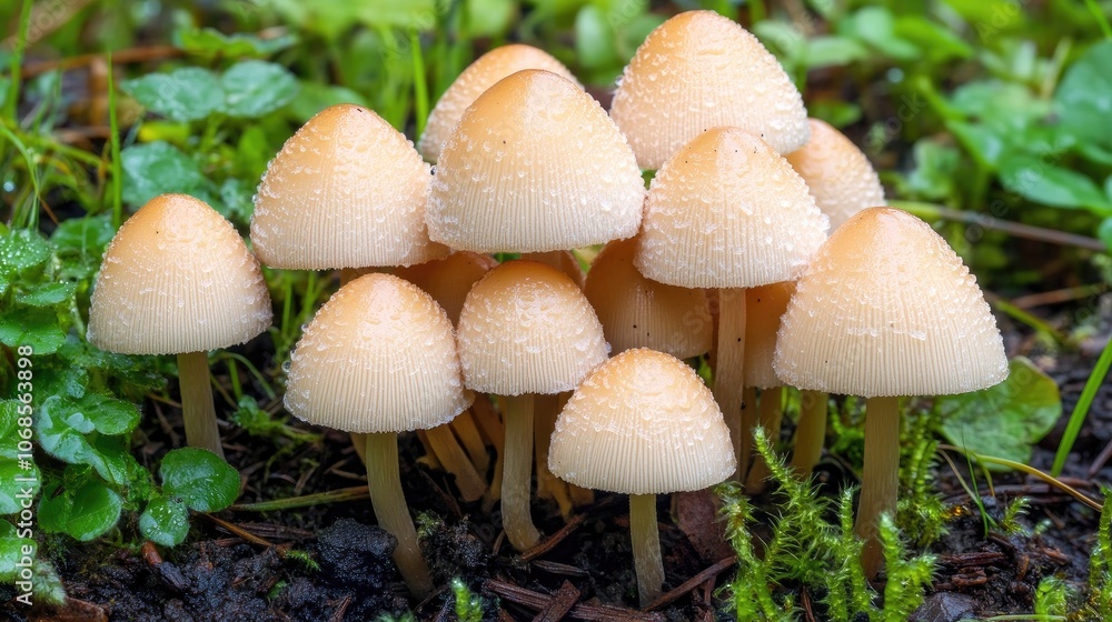Delicate Mushrooms in a Lush Green Environment Delicate Mushrooms in a Lush Green Environment