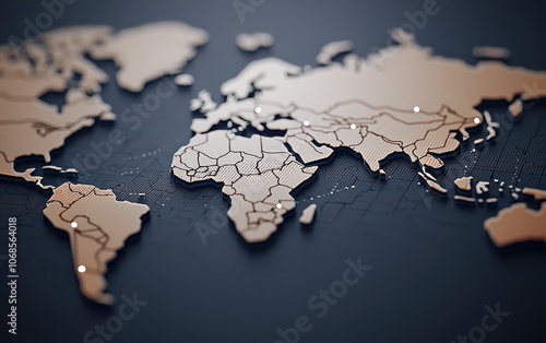 Stylish world map cutout on a dark textured background, perfect for global themes. #1068564018