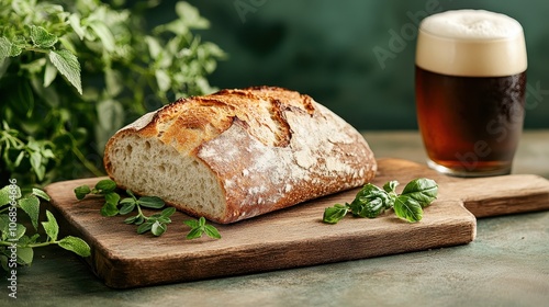 A freshly baked sourdough loaf sits enticingly on a wooden cutting board with a pint of dark beer, garnished with fresh herbs, creating an inviting scene of delight.