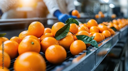 A vibrant image showcasing fresh oranges being transported on a conveyor belt in a modern packaging facility, highlighting the abundance and freshness of the fruit. photo