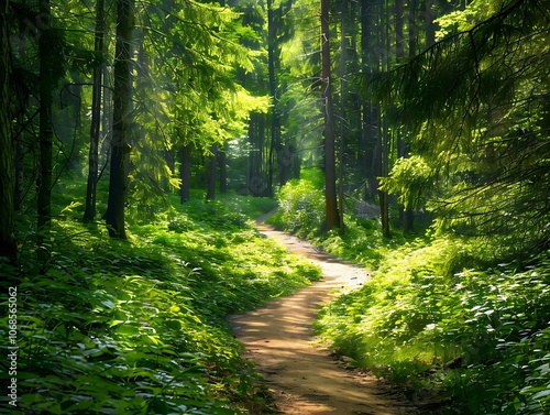 A peaceful woodland path winding through a dense green forest with sunlight dappling the ground and highlighting the vibrant foliage