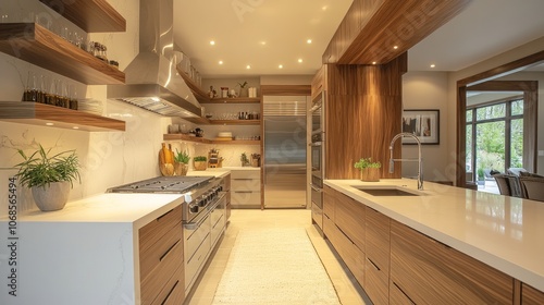 Wallpaper Mural Modern kitchen with wooden cabinets, stainless steel appliances, and a white countertop. Torontodigital.ca