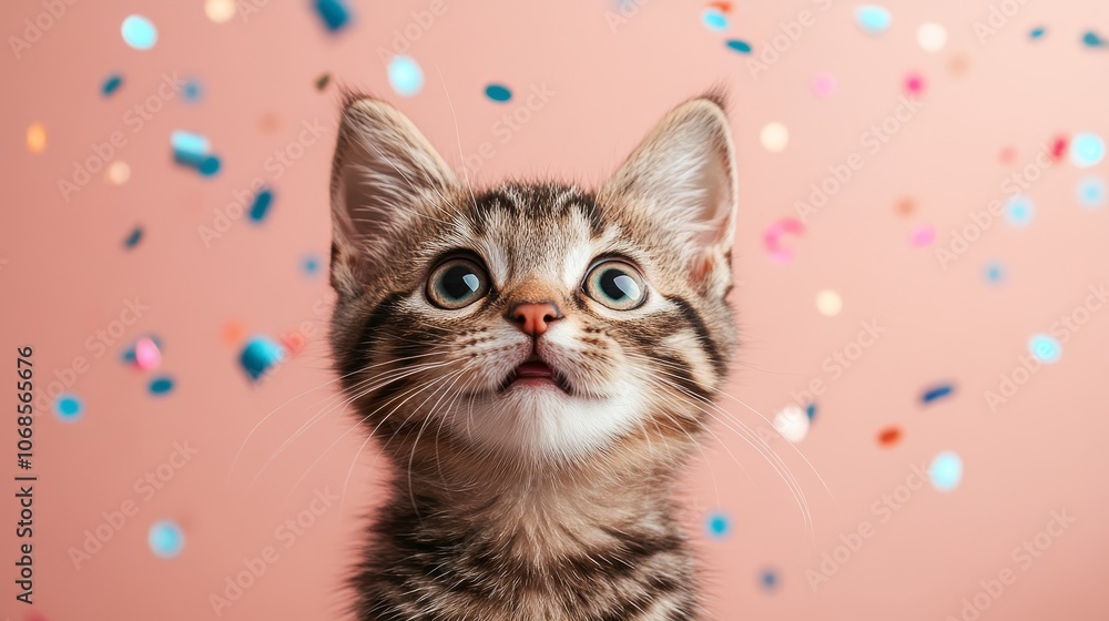 funny surprised kitten looks up on background with confetti funny surprised kitten looks up on background with confetti