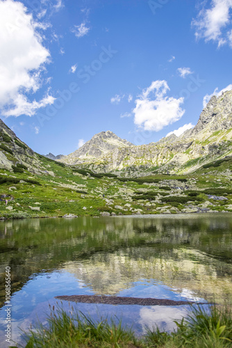 Mountain landscape in the Western Carpathians. Pond Lake Pleso nad Skokom in Mlynicka Valley, Vysoke Tatry High Tatras, Slovakia