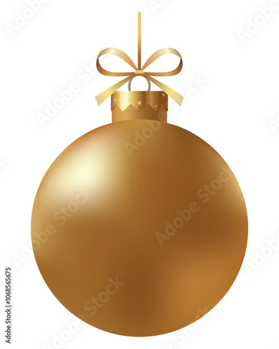 Festive gold striped Christmas ornament with a gold ribbon and hanger on a white background. New Year Christmas tree toy.