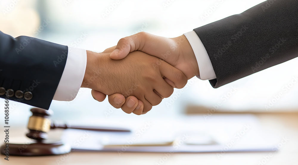 Cinematic photograph of two men shaking hands over an office desk with documents and a gavel, with the focus on the handshake, warm tones, Cinematic photograph of two men shaking hands over an office desk with documents and a gavel, with the focus on the handshake, warm tones,