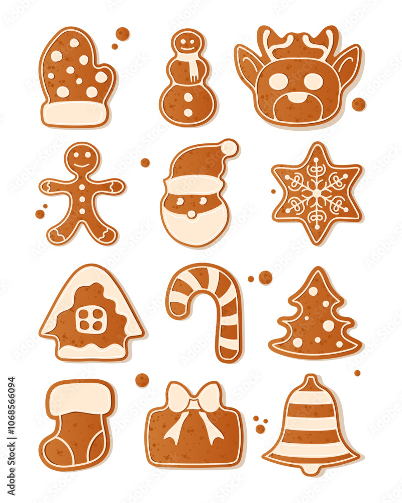 A set of Christmas themed gingerbread cookies in different shapes including mitt, snowman, reindeer, Santa, snowflake, tree, bell, Christmas tree, candy, New Year gift A set of Christmas themed gingerbread cookies in different shapes including mitt, snowman, reindeer, Santa, snowflake, tree, bell, Christmas tree, candy, New Year gift