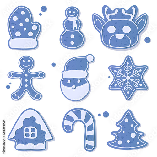 A set of Christmas themed gingerbread cookies in different shapes including mitt, snowman, reindeer, Santa, snowflake, tree, bell, Christmas tree, candy, New Year gift