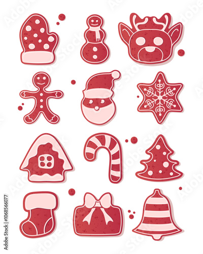 A set of Christmas themed gingerbread cookies in different shapes including mitt, snowman, reindeer, Santa, snowflake, tree, bell, Christmas tree, candy, New Year gift