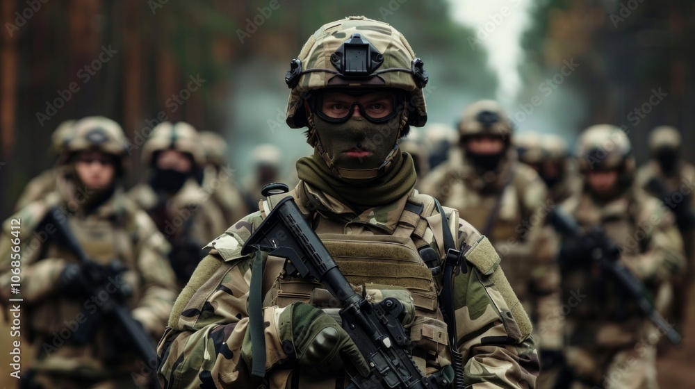 Fototapeta premium Image depicts seven military personnel in camo in a forest. Tight formation, focus on leader, varied gazes show readiness and vigilance. Nature background emphasizes military discipline.