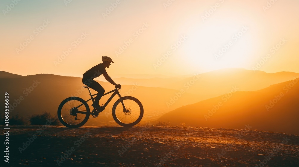 Fototapeta premium Mountain Biker Silhouette at Sunrise in Scenic Landscape