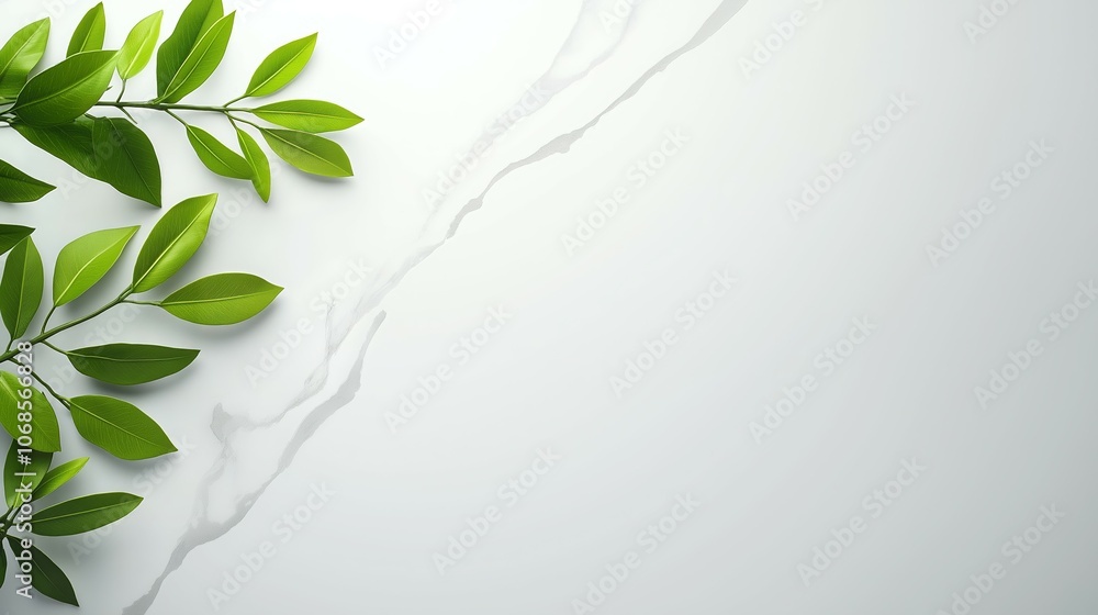 Elegant Marble Surface with Delicate Green Leaves for Minimalist Natural Aesthetics Elegant Marble Surface with Delicate Green Leaves for Minimalist Natural Aesthetics