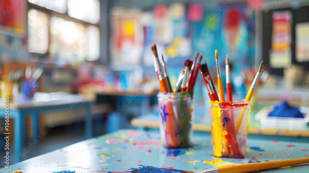 Defocused glimpse of a classroom filled with the smell of paint and the sound of childrens creativity at work. Defocused glimpse of a classroom filled with the smell of paint and the sound of childrens creativity at work.