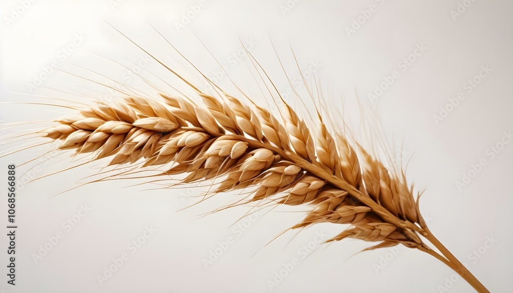 a single golden wheat ear with a close-up on its grains, against a striking white background create with ai a single golden wheat ear with a close-up on its grains, against a striking white background create with ai