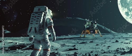 An astronaut in a white spacesuit stands on the  , observing with a spacecraft nearby. The scene conveys a sense of space exploration and adventure. photo