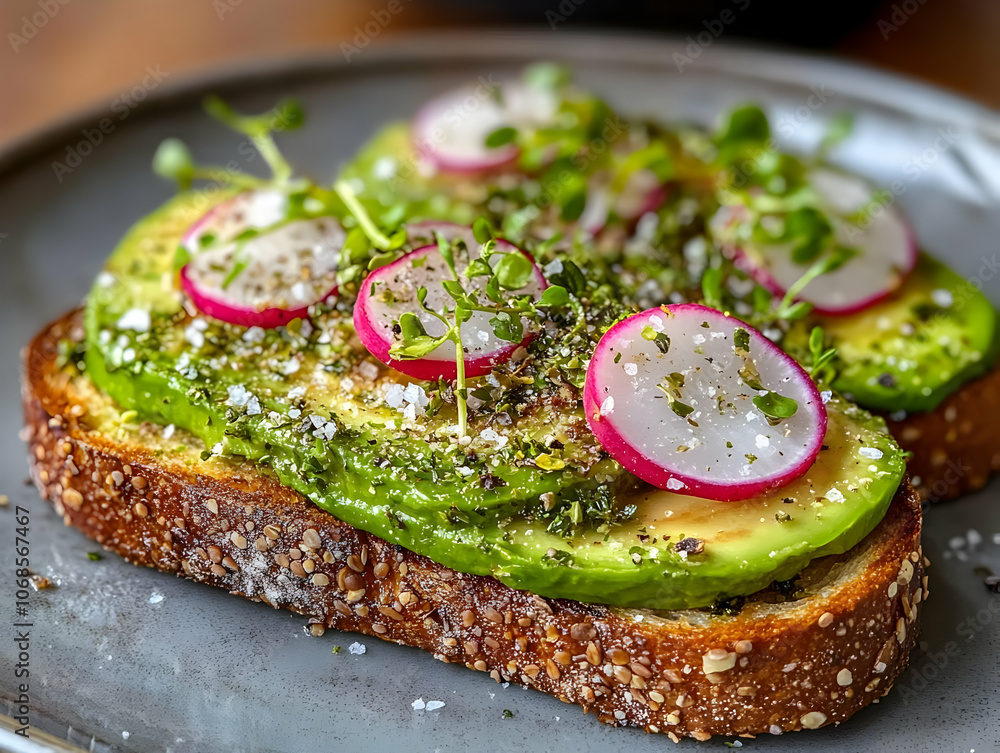 Photo Avocado Toast Radish Microgreens Sesame Seeds Healthy Breakfast Photo Avocado Toast Radish Microgreens Sesame Seeds Healthy Breakfast