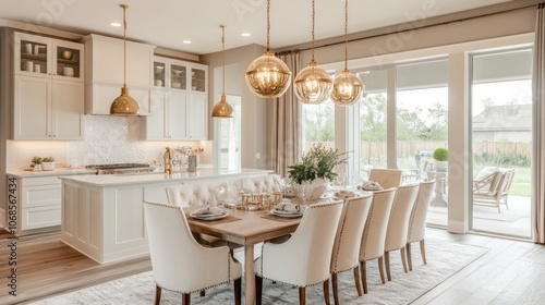 Modern Kitchen Dining Room with Glass Pendant Lights and White Cabinets