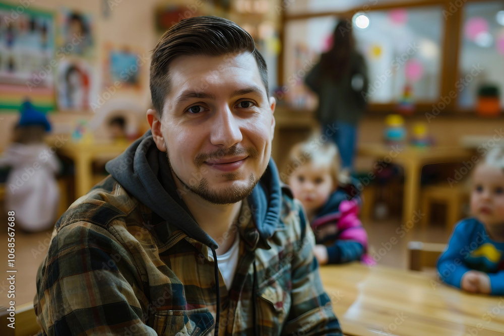 Generative AI Image of Male Babysitter or Teacher in Nursery Engaging with Children in Playful Setting Generative AI Image of Male Babysitter or Teacher in Nursery Engaging with Children in Playful Setting