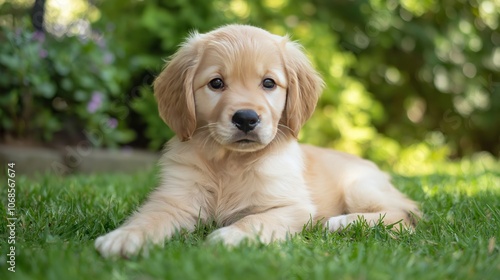 A cute golden retriever puppy lying on the ground