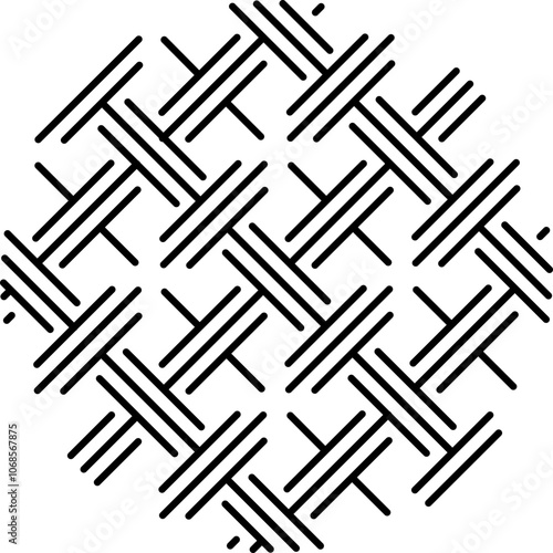 A geometric abstract pattern made of black diagonal and perpendicular lines arranged in a repeating basket weave or crosshatch formation against a white background. 