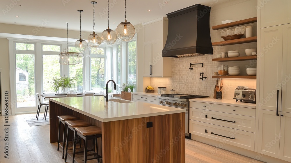 Modern Kitchen with White Cabinets and Island with Wooden Accents Modern Kitchen with White Cabinets and Island with Wooden Accents