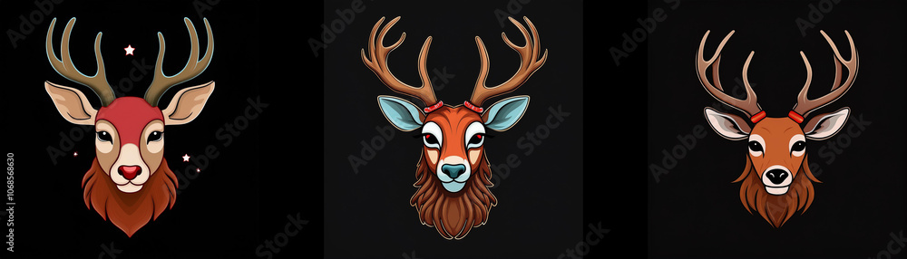 Three deer heads with antlers, each with different colored features, against a black background. Three deer heads with antlers, each with different colored features, against a black background.