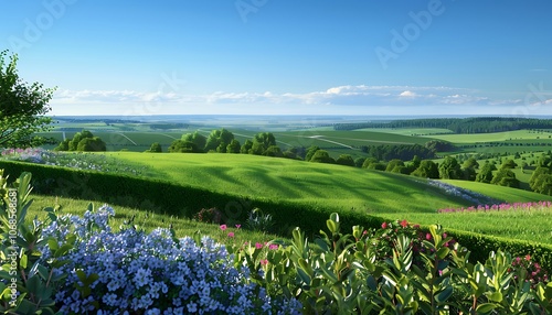 A rolling green landscape with neatly trimmed hedges blooming flowers and a distant horizon under a clear blue sky