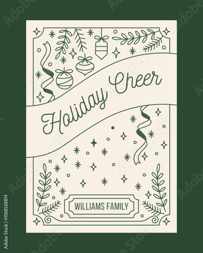 Minimalist Holiday Cheer Christmas Greeting Card in Elegant Line Art with Festive Green Accents and Personalized Family Name