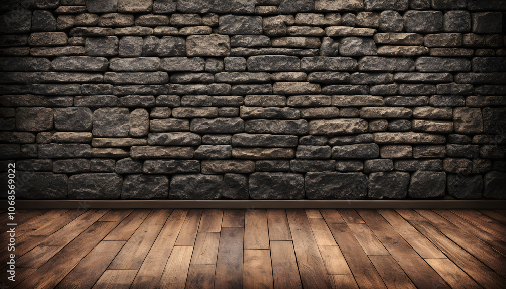 Old-world stone wall with rich textures and old wooden background Old-world stone wall with rich textures and old wooden background