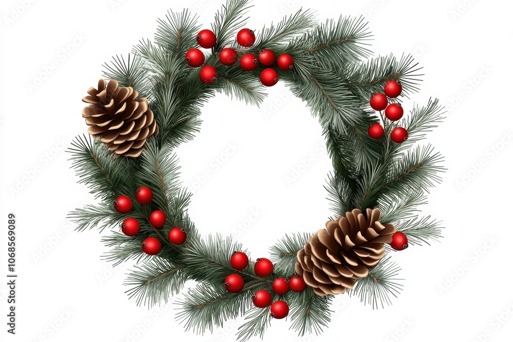 a Christmas wreath with pine cones and red berries, traditional holiday decoration, lush green foliage, isolated on white background a Christmas wreath with pine cones and red berries, traditional holiday decoration, lush green foliage, isolated on white background
