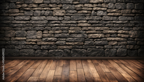 Old-world stone wall with rich textures and old wooden background