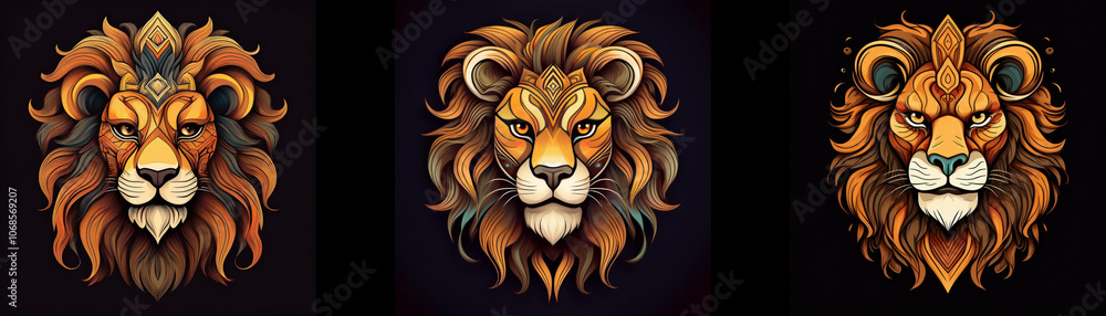 Fototapeta premium Three detailed lion head illustrations with intricate patterns on their manes, one wearing a crown.