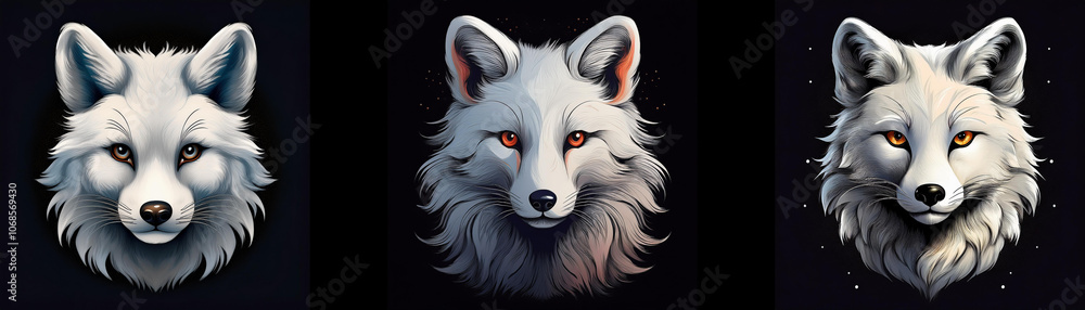 Fototapeta premium Three white fox heads with orange eyes, one in each panel, against a dark background.