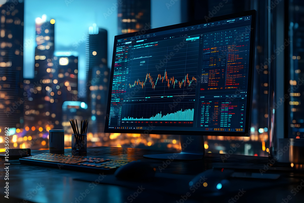 3D Illustration Stock Market Data Analysis Computer Screen Night City View