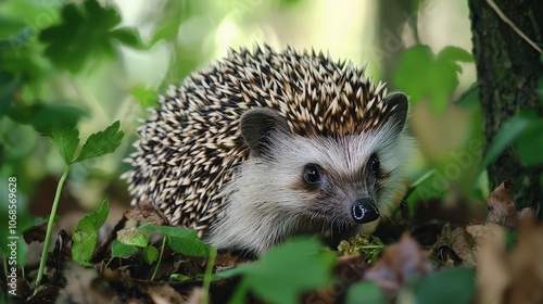 A cute hedgehog with brown and white spines is walking in a forest.